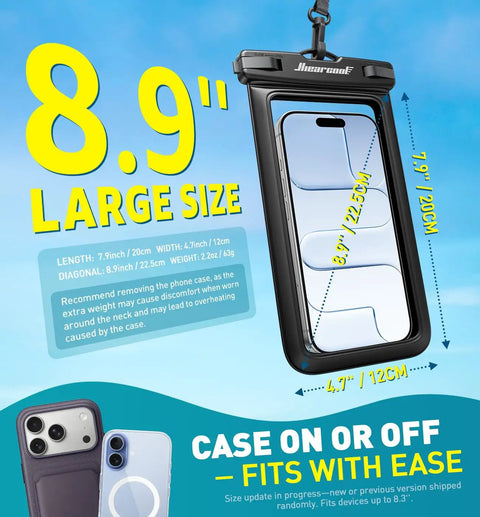 IPX8 Waterproof Phone Pouch For iPhone 17 16 15 14 Pro Max Cruise Ready Dry Bag With Touchscreen Access showing 8.9 inch size