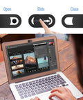 Ultra Thin Laptop Camera Cover Slide With 8 Pack Webcam Blocker Attachment For Macbook And Desktop Computers, Sliding Smooth Privacy Guard in three positions on a laptop.
