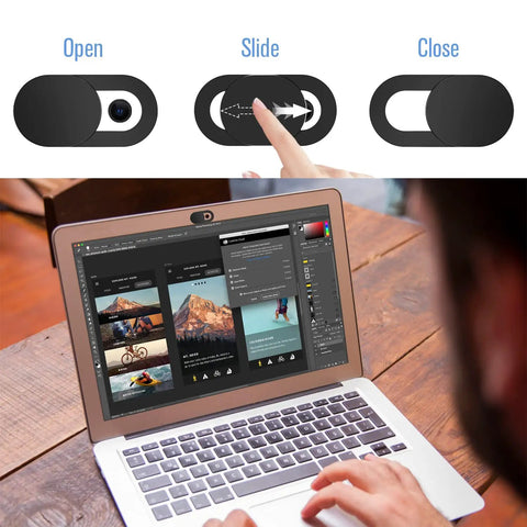 Ultra Thin Laptop Camera Cover Slide With 8 Pack Webcam Blocker Attachment For Macbook And Desktop Computers, Sliding Smooth Privacy Guard in three positions on a laptop.