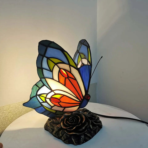 Butterfly Tiffany Style Stained Glass Accent Table Lamp Night Light Multicolored Warm White LED Included In Line Switch 8 Inches Wide 9 Inches Tall Perfect for Living Room Bedroom Decor