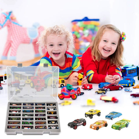 Two children playing with cars, featuring a Hot Wheels Display Case Holds 27 Cars, Portable Toy Organizer with groove slots.