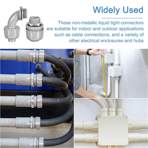 Twenty Pack Three Quarter Inch NPT PVC Liquid Tight Conduit Connectors in electrical wiring applications, weathertight and rustproof.