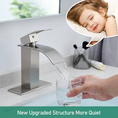Brushed Nickel Waterfall Bathroom Faucet With Modern Single Handle For 1 Or 3 Holes With Deck Plate No Splash Water Flow Eco Friendly