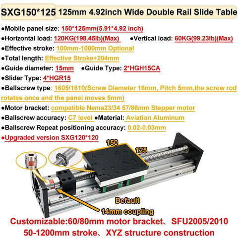 Heavy Duty Motorized Linear Stage With Aluminum Ball Screw Sliding Table For Precision Automation Showing Workhorse Class 250Kg Load Capacity And Smooth Shop Ready Glide, featuring 125mm wide double rail design.