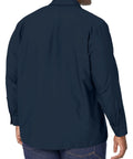 Men's Regular Fit Long Sleeve Industrial Work Shirt In Solid Navy With Slick Moisture Wicking Fabric And Quick Dry Tech shown from back.