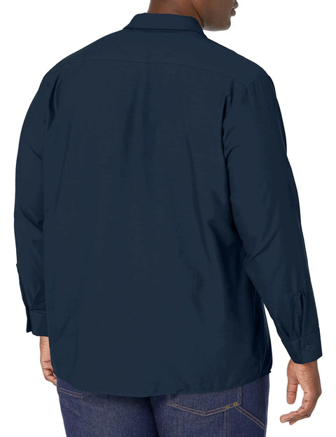 Men's Regular Fit Long Sleeve Industrial Work Shirt In Solid Navy With Slick Moisture Wicking Fabric And Quick Dry Tech shown from back.