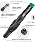 4 In 1 Desoldering Kit For DIY Electronics With Vacuum Pump, showing plunger, pushrod, and nozzle details
