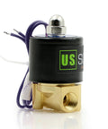 US Solid 1/4-inch brass solenoid valve with black coil and purple leads (front view)
