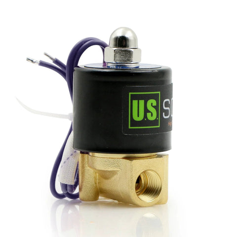 US Solid 1/4-inch brass solenoid valve with black coil and purple leads (front view)