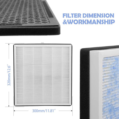 Dimensions of Replacement Air Filter Set For RENPHO RP-AP001 RP-AP002 RP-AP001S with close-up on filter detailing.