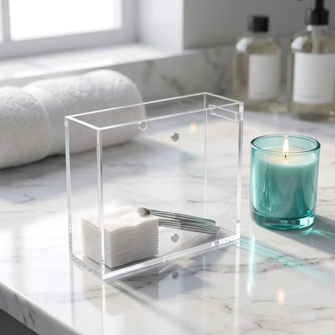 Dual Sided Clear Acrylic Label Roll Dispenser Featuring A Smooth Pull Through Tray Straight Up The Sleek Desktop Organizer For Shipping Tags Clear Tape And Mailing Stock Legit Fast Pack Station Essential with cotton pads and brushes inside.