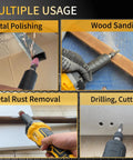 Heavy Duty Cordless Die Grinder Boasting A Beast Mode 26000 Rpm Brushless Motor shown in use for metal polishing, rust removal, wood sanding, and cutting.