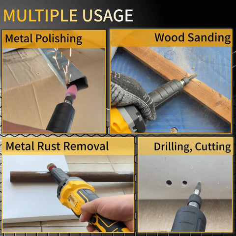 Heavy Duty Cordless Die Grinder Boasting A Beast Mode 26000 Rpm Brushless Motor shown in use for metal polishing, rust removal, wood sanding, and cutting.