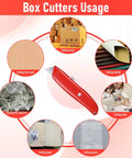12 Pack Bulk Retractable Utility Knives Heavy Duty Aluminum Box Cutters For Cardboard Plastic Cartons DIY Projects Home Office Warehouse Red Handles Great For Packaging Opening And Crafting shown for cutting boxes, PVC, leather, paper, plastic, wood and cloth