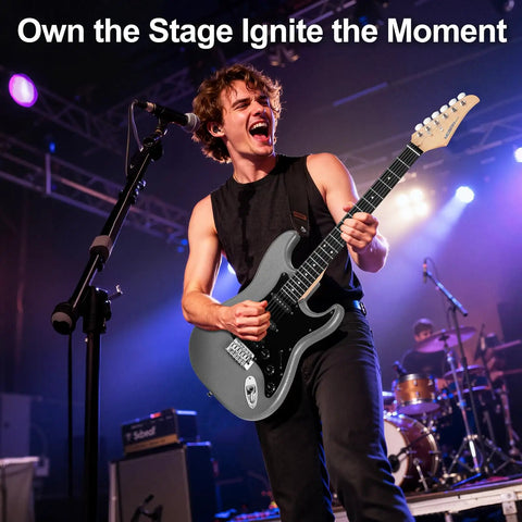 Musician performing with 39 Inch Electric Guitar Bundle With HSS Pickups And Tremolo System on stage.