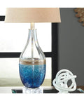 Beachy Glass Table Lamp Set Of 2 In Clear And Blue With Sand Brown Banding, Modern Glass Lamp in cozy coastal decor