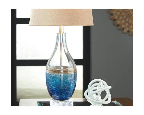 Beachy Glass Table Lamp Set Of 2 In Clear And Blue With Sand Brown Banding, Modern Glass Lamp in cozy coastal decor