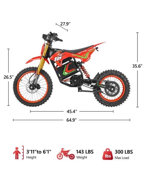 Off Road Electric Dirt Bike For Adults With 6000W Peak Mid Drive Motor 46 MPH Top Speed 60V 30Ah Battery, side view dimensions
