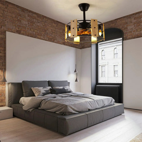 Bedroom with Caged Ceiling Fan With Lights Remote Control 18 Inch Low Profile Flush Mount Farmhouse Fandelier