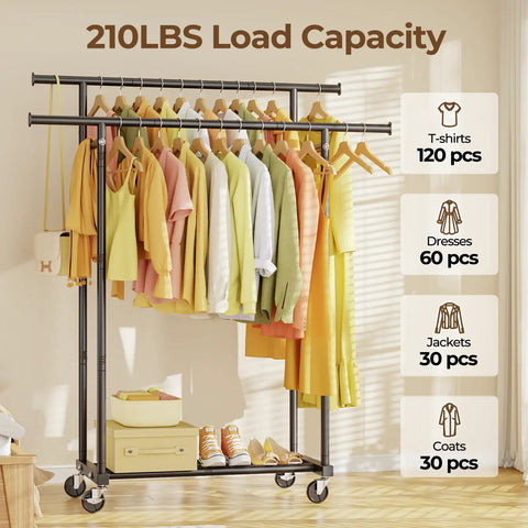 Straight Up Solid Double Rod Clothes Rack That Rolls Buttery Smooth Hang Tops Bottoms Bags Easily Metal Wardrobe Stand Total Game Changer For Bedroom Storage Or Closet Organizers Black