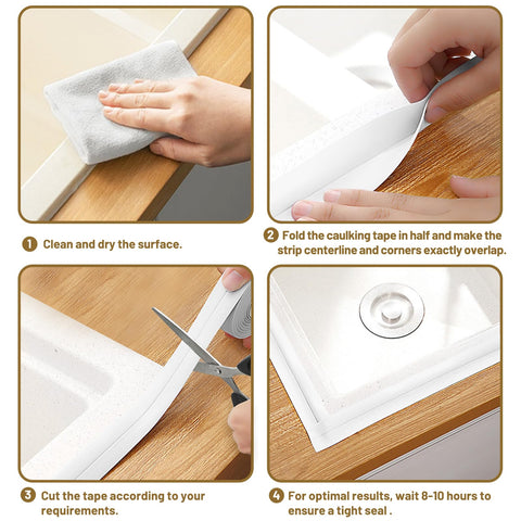 Instructions for applying Waterproof Self Adhesive Caulk Tape 3 Roll Set 1.5 Inch By 10.5 Foot Sealant Strip in kitchen