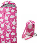 Bright Pink 3 Season Kid Friendly Sleeping Bag For Camping And Backpacking Lightweight And Waterproof With Carry Bag Perfect For Hiking Outdoor Travel Boys And Girls Cozy All Weather Sleep Gear showing rabbit design and matching carry bag