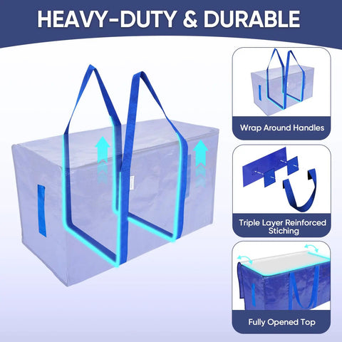 Extra Large Moving Bags 2 Pack Heavy Duty with zippers and carrying handles, waterproof storage totes with wraparound handles, durable design