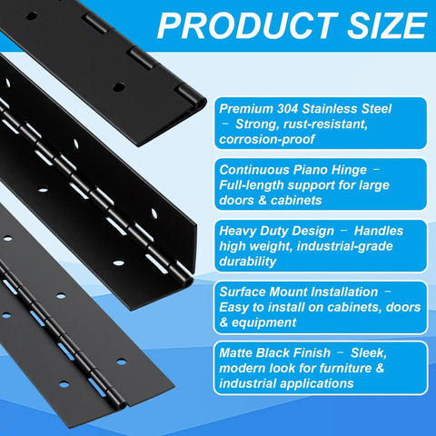 Four Pack 30 Inch Heavy Duty Piano Hinge Tough As Nails Continuous Hinges In Matte Black 304 Stainless Steel visible on blue background.