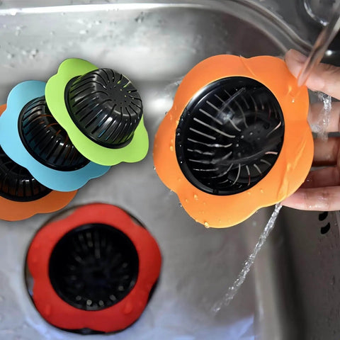 Colorful Silicone Kitchen Sink Strainers Set Of 4 With Large 4.5 Inch Wide Rim, multicolor patterns in sink.