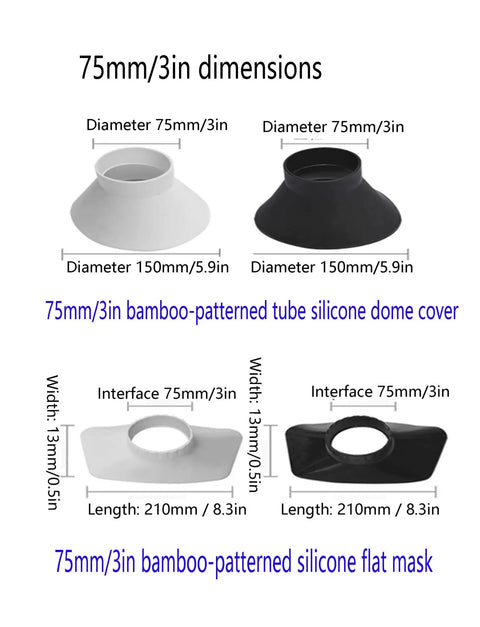 75mm bamboo-patterned silicone dome and flat mask covers in white and black with dimensions for smoke extractors