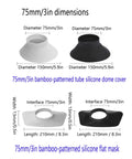 Two 75mm/3in bamboo-patterned silicone covers, one dome and one flat mask, shown with dimensions and materials.