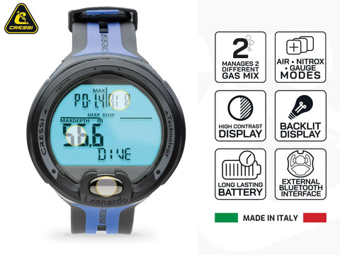 Leonardo 2.0 Dive Computer Watch Black Blue With Backlit Display Water Resistant Nitrox And Gauge Modes One Button Dive Management