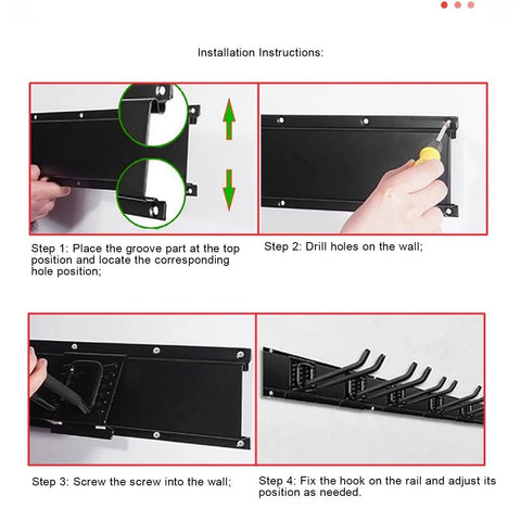 Installation steps for 48 Inch Wall Mount Garage Tool Organizer Heavy Duty With 440 Pound Load Capacity Six Adjustable Hooks And Three Rails