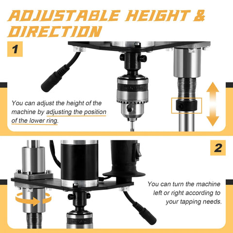 Consfly Electric Tapping Machine for Wood Plastic Metal showing adjustable height and direction settings for precise operation.