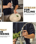 Chrome Pull-Down Kitchen Faucet With Two-Function Sprayer stream and spray modes, demonstrating filling and rinsing options.