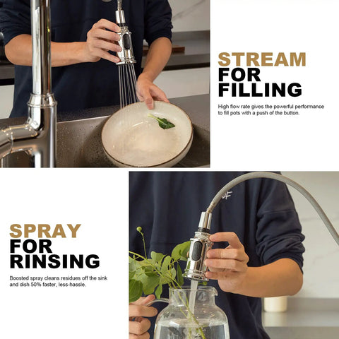 Chrome Pull-Down Kitchen Faucet With Two-Function Sprayer stream and spray modes, demonstrating filling and rinsing options.