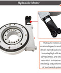 Heavy Duty Slewing Drive With Precision Worm Gear Reducer And Rock Solid Self Locking Turntable Bearings For Seamless Full Circle Rotation and Tight Industrial Performance, featuring a hydraulic motor.