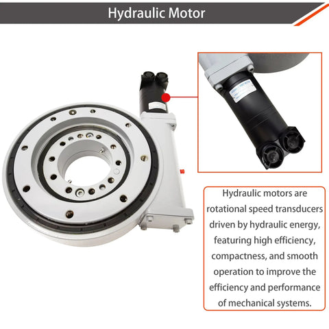 Heavy Duty Slewing Drive With Precision Worm Gear Reducer And Rock Solid Self Locking Turntable Bearings For Seamless Full Circle Rotation and Tight Industrial Performance, featuring a hydraulic motor.