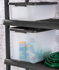 Heavy Duty Clear Plastic Storage Bins 50 Quart Stackable Totes With Secure Latches For Home Garage Organization 24 Pack on shelving unit.