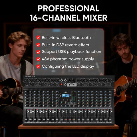 Two musicians using a 16 Channel Pro Audio Mixer For Live Sound And Studio DJ Performances With Bluetooth USB Recording 99 DSP Effects 48V Phantom Power Built In Reverb MP3 Player And Easy Karaoke Setup displayed at the center.