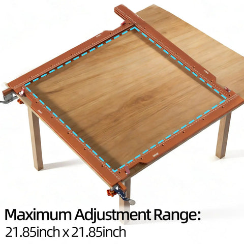 Heavy Duty Adjustable Rectangle Router Jig 21 Inch Aluminum Woodworking Template for precision cutting mortises shown on a wooden surface.