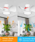 Quiet Ceiling Fan With LED Light 22 Inch Remote Control Big Airflow In A Compact Size For Kitchen Bedroom Dining Room And Patio Reversible Motor shown in living room using both winter and summer modes.