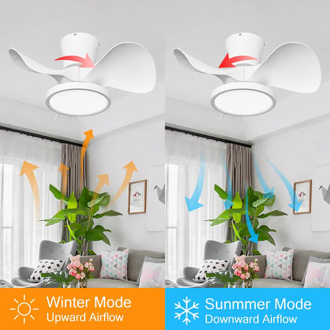 Quiet Ceiling Fan With LED Light 22 Inch Remote Control Big Airflow In A Compact Size For Kitchen Bedroom Dining Room And Patio Reversible Motor shown in living room using both winter and summer modes.