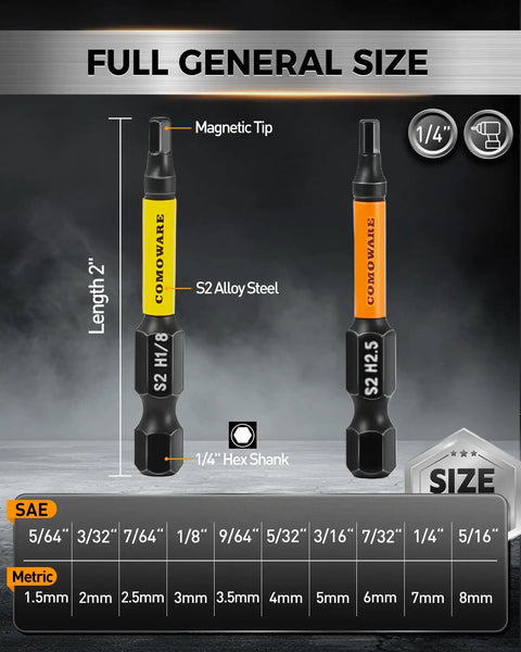 Allen Wrench Drill Bit Set 21 Pcs Metric And SAE High Strength S2 Steel One Quarter Inch Hex Bits With CNC Machined Tips