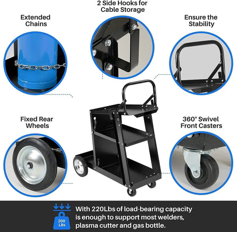 3 Tier Welding Cart With 360 Degree Swivel Wheels For MIG TIG Plasma Cutter Welder Kit featuring steel frame and shelves