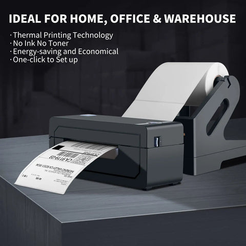 Bluetooth Thermal Shipping Label Printer For 4x6 Shipping Labels Wireless And Dead Simple To Use Works With Android iPhone Windows Mac Boss For Amazon Shopify Etsy USPS And More No Ink No Toner Clean Fast Printing shown on desk with label printed