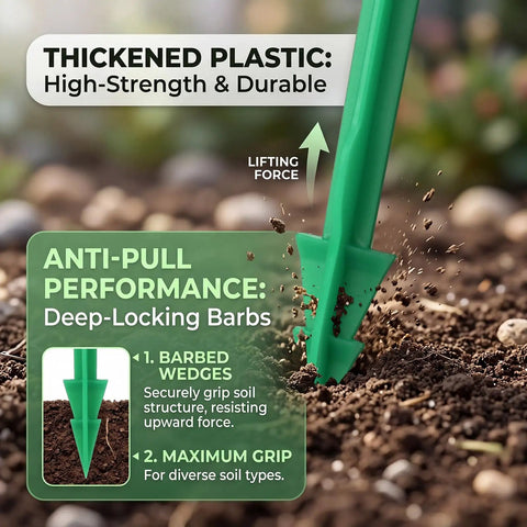 Close-up of 200 Pack 4 Inch Biodegradable Landscape Stakes for Landscape Fabric weed barrier inserted in soil showing barbs and thick plastic.