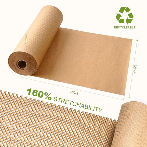 Honeycomb Packing Paper 12x150 Roll Eco Friendly Recyclable Biodegradable Kraft Paper Cushioning Wrap with Stretchability and Recycle Sign