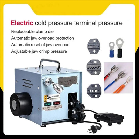 ZQFEE 60W Electric Tube Expander Terminal Crimper Tool With Replaceable Cold Pressing Molds for professional wire work, showing device features.