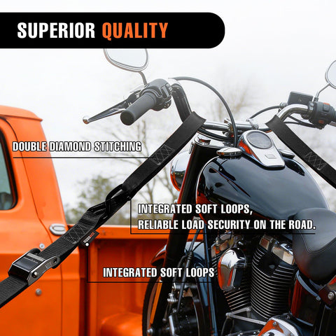 Motorcycle secured with 2 Pack 1.5 Inch By 8 Ft Beefy 3000 Lb Motorcycle Tie Down Straps Heavy Duty Cam Buckle With S Hooks Soft Loops